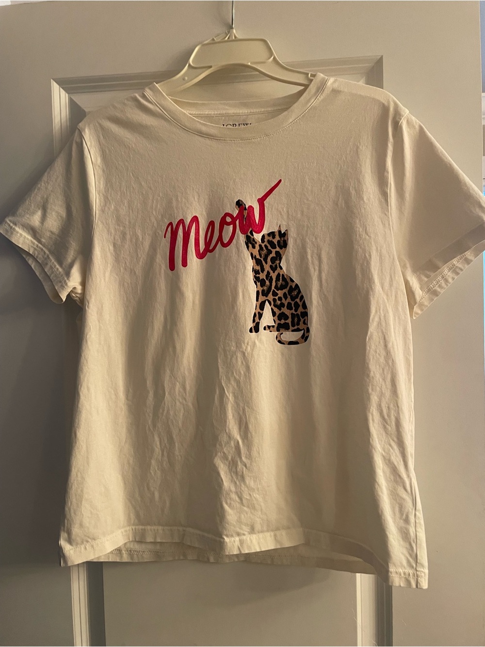 J. Crew White Tee with red "Meow" Script and Leopard-Print Cat
